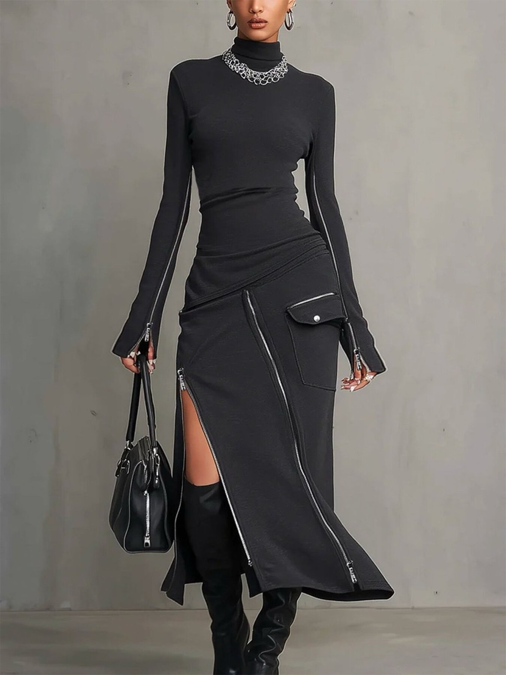 Mock Neck Long Sleeve Zipper Detail Maxi Dress